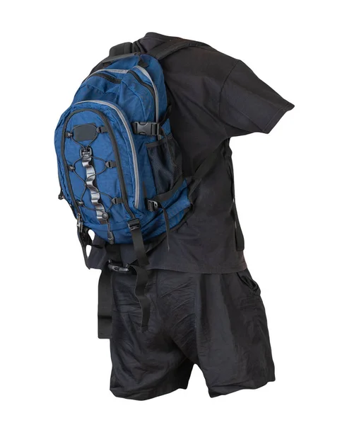 Jeansblauer Rucksack Schwarze Sporthose Weinrotes Shirt Kleidung Für Jeden Tag — Stockfoto