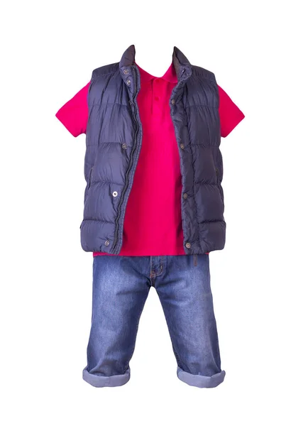 Pantaloncini Blu Scuro Denim Shirt Rossa Con Colletto Bottoni Giacca — Foto Stock