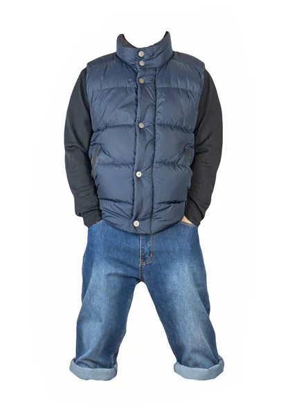 Denim Donkerblauwe Shorts Zwart Gebreide Trui Donkerblauwe Mouwloze Jas Geïsoleerd — Stockfoto