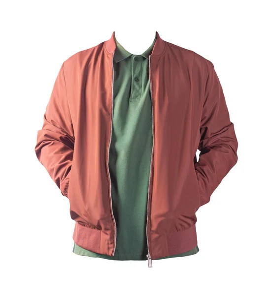 Bomber Uomo Rosso Scuro Camicia Verde Scuro Isolata Sfondo Bianco — Foto Stock