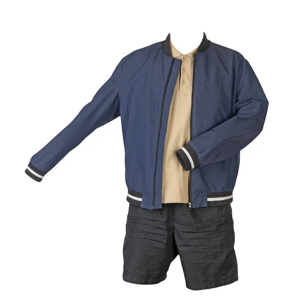 Chaqueta Bombardero Azul Oscuro Los Hombres Camisa Beige Pantalones Cortos — Foto de Stock