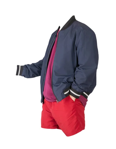 Mens Chaqueta Bombardero Azul Oscuro Camiseta Color Burdeos Pantalones Cortos — Foto de Stock