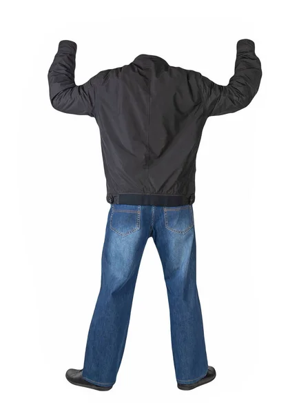 Dunkelblaue Jeans Schwarze Lederschuhe Schwarze Jacke Auf Weißem Hintergrund Lässiger — Stockfoto