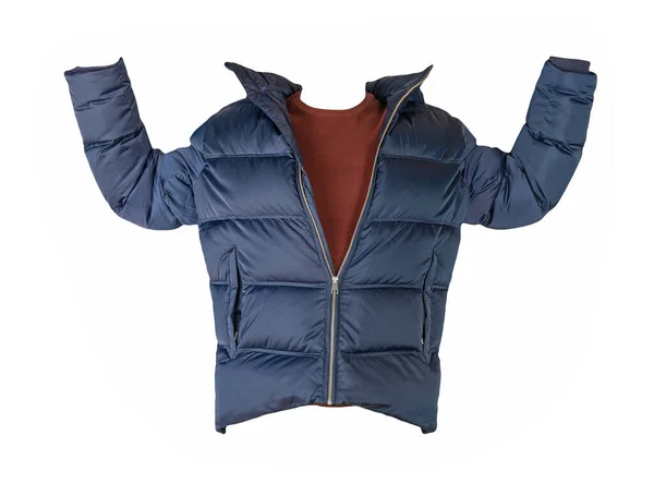 Dunkelblaue Daunenjacke Mit Kapuze Und Dunkelroter Pullover Auf Weißem Hintergrund — Stockfoto