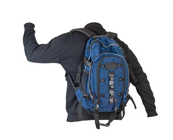 Blauer Rucksack Bekleidet Mit Einem Schwarzen Strickpullover Isoliert Auf Weißem — Stockfoto