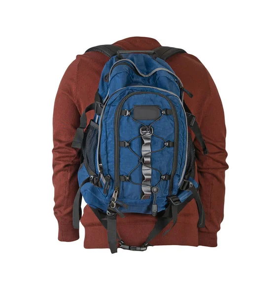 Blauer Rucksack Bekleidet Mit Einem Gestrickten Roten Pullover Isoliert Auf — Stockfoto