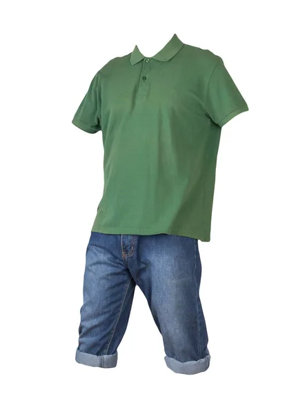 Calções Azul Escuro Jeans Camiseta Verde Escuro Com Colar Botões — Fotografia de Stock