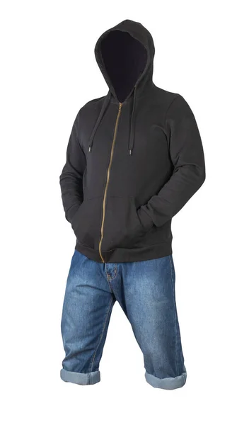 Jeans Dunkelblaue Shorts Und Schwarzer Kapuzenpullover Auf Weißem Hintergrund Jeans — Stockfoto