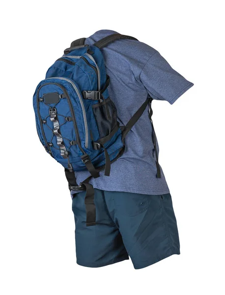 Denim Blue Backpack Dark Blue Sports Shorts Blue Shirt Isolated — Stock Photo, Image