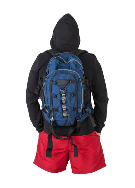 Jeansblauer Rucksack Schwarzes Sweatshirt Mit Kapuze Rote Shorts Auf Weißem — Stockfoto