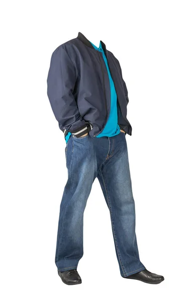 Donkerblauwe Jeans Blauw Shirt Met Kraag Aan Knopen Donkerblauwe Bomberjack — Stockfoto