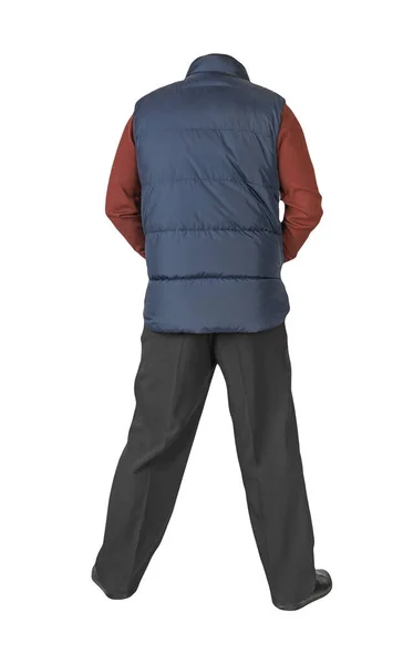 Jaqueta Sem Mangas Azul Escuro Calças Pretas Camisola Vermelha Escura — Fotografia de Stock