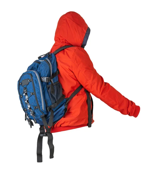 蓝色背包 身穿红色夹克 头罩与白色背景隔离 背包和夹克的后视镜 — 图库照片