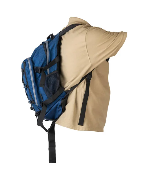 Blauer Rucksack Mit Beigem Shirt Auf Weißem Hintergrund Rucksack Und — Stockfoto