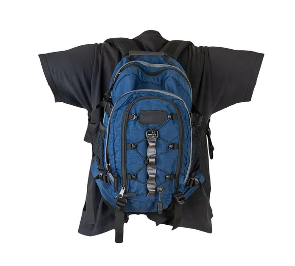 Dunkelblauer Rucksack Mit Schwarzem Shirt Auf Weißem Hintergrund — Stockfoto