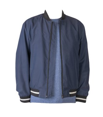 Koyu mavi bombacı ceketi ve beyaz arka planda izole edilmiş denizci tişörtü. modaya uygun günlük kıyafetler.