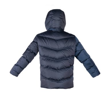 Beyaz arka planda koyu mavi kapüşonlu erkek ceketi. Her gün için şık kıyafetler.