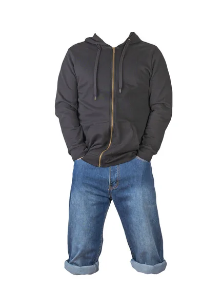 Denim Σκούρο Μπλε Σορτς Και Μαύρο Hoodie Απομονώνονται Λευκό Φόντο — Φωτογραφία Αρχείου