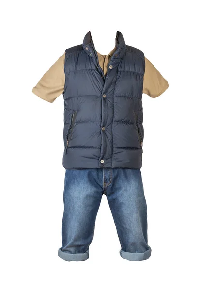 Pantaloncini Blu Scuro Denim Shirt Beige Con Colletto Bottoni Giacca — Foto Stock