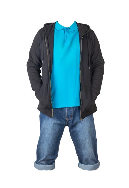 Denim Dark Blue Shorts Blue Shirt Collar Buttons Black Sweatshirt — Stock Photo, Image