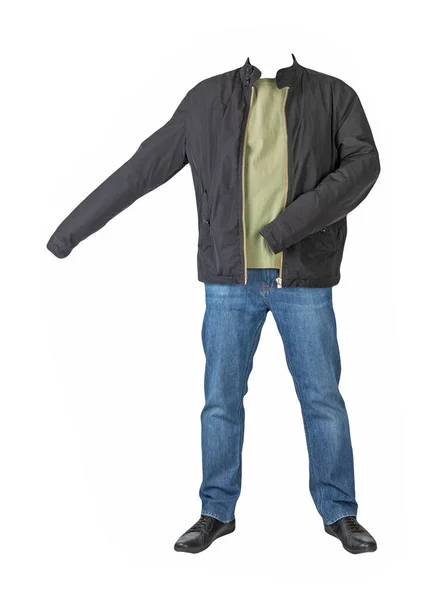 Dunkelblaue Jeans Olivfarbenes Shirt Schwarze Jacke Und Schwarze Lederschuhe Auf — Stockfoto