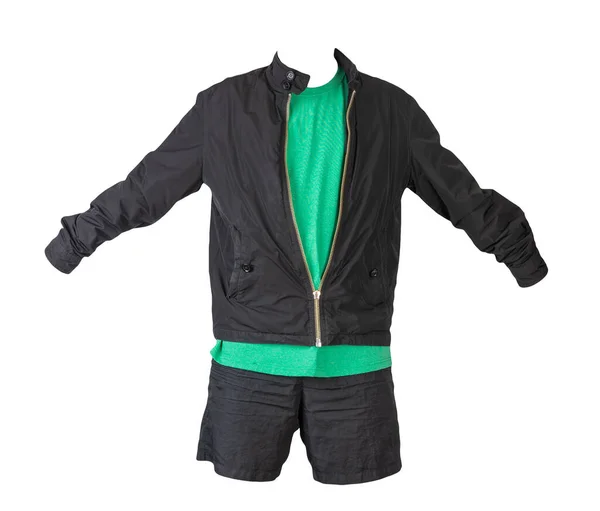 Jaqueta Preta Mens Shirt Verde Calções Pretos Esportes Isolados Fundo — Fotografia de Stock