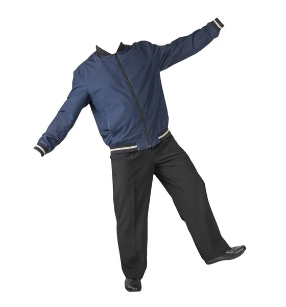 男用深蓝色炸弹夹克 黑色裤子和黑色皮鞋 白色背景隔离 男式秋装 — 图库照片