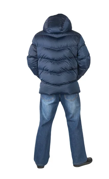 Donkerblauwe Jeans Zwarte Leren Schoenen Donkerblauwe Donsjas Met Capuchon Geïsoleerd — Stockfoto