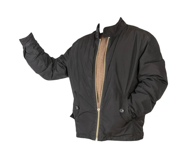 白い背景に隔離されたジッパーと茶色のセーターの上の黒いジャケット — ストック写真