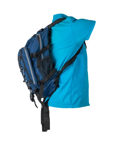 Blauer Rucksack Mit Blauem Shirt Auf Weißem Hintergrund Rucksack Und — Stockfoto