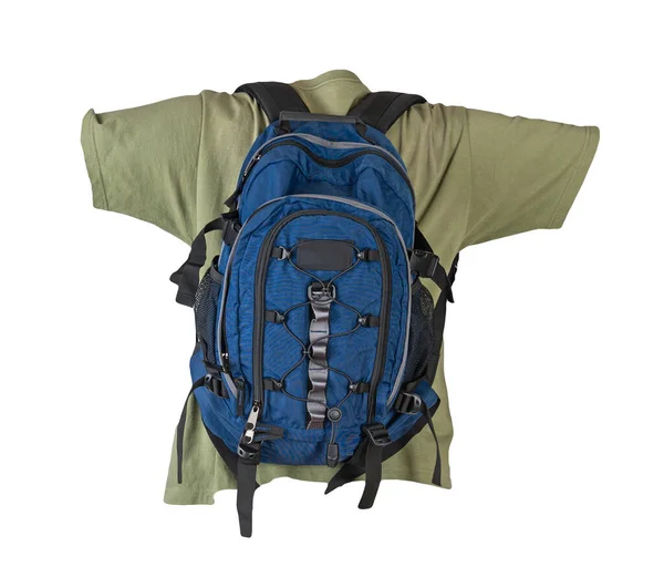 Dunkelblauer Rucksack Mit Olivem Shirt Auf Weißem Hintergrund — Stockfoto