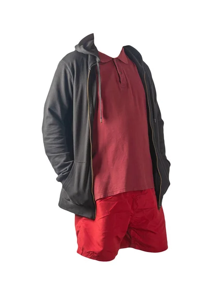 黑色运动衫 铁拉链帽衫 深色红色T恤和红色运动短裤 白色背景隔离 休闲运动服 — 图库照片