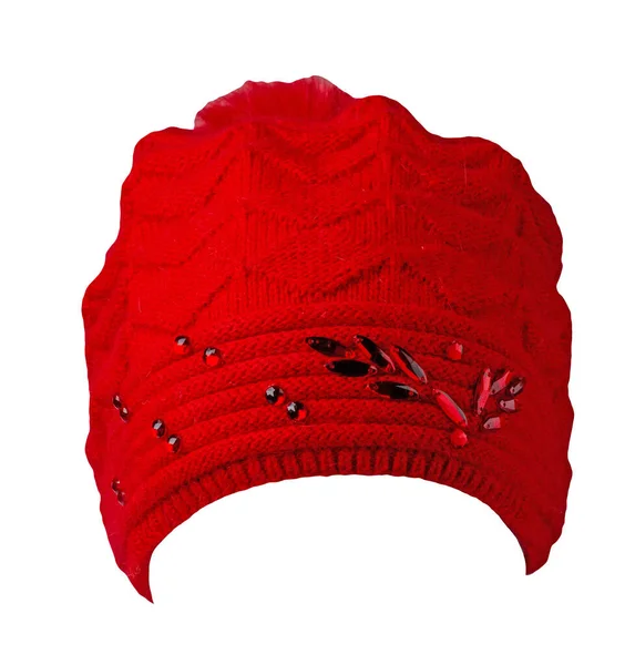 Cappello Rosso Lavorato Maglia Isolato Sfondo Bianco Hat Con Pompon — Foto Stock