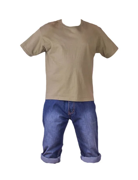 Denim Dark Blue Shorts Olive Shirt Isolated White Background Men — Stock Photo, Image