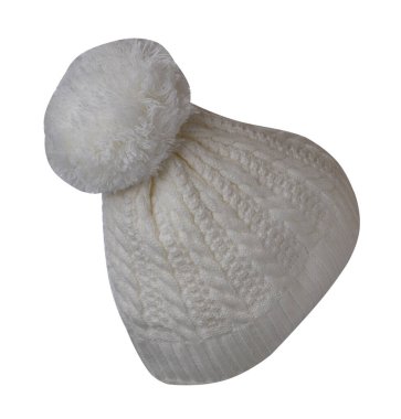  Beyaz fonda izole edilmiş örgü beyaz şapka. Pomponlu şapka. .