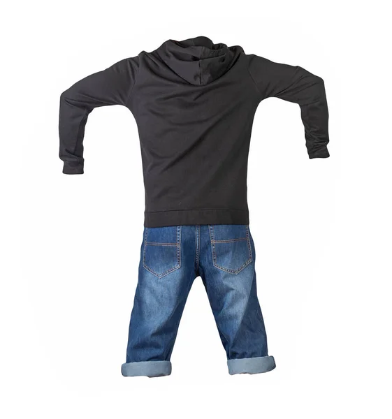 Denim Dark Blue Shorts Black Hoodie Isolated White Background Men — Stock Photo, Image