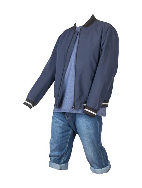 Jeansblaue Shorts Blaues Shirt Und Dunkelblaue Bomberjacke Mit Reißverschluss Auf — Stockfoto