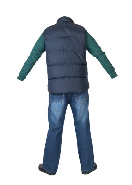 Dunkelblaue Ärmellose Jacke Blaue Jeans Grüner Pullover Und Schwarze Lederschuhe — Stockfoto