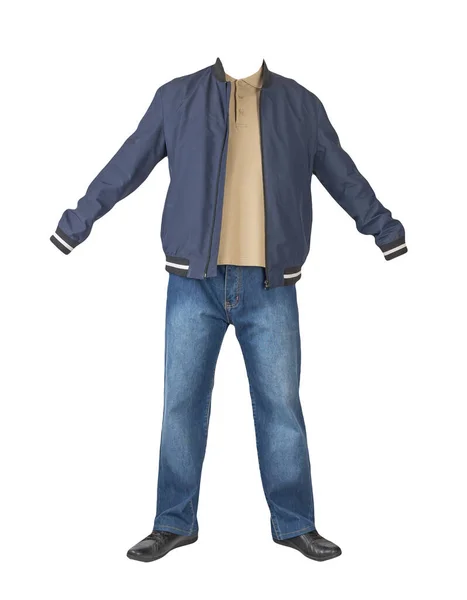 Dunkelblaue Jeans Beiges Shirt Mit Kragen Den Knöpfen Dunkelblaue Bomberjacke — Stockfoto