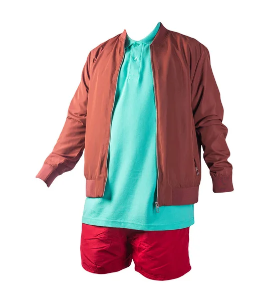 men\'s  dark red bomber jacket,green  shirt and red sports shorts isolated on white background. fashionable casual wear