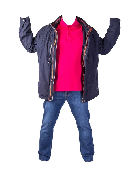 Mörkblå Jacka Med Dragkedja Röd Skjorta Och Blå Jeans Isolerad — Stockfoto