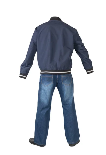 Jeans Blu Scuro Scarpe Pelle Nera Bomber Blu Scuro Isolato — Foto Stock