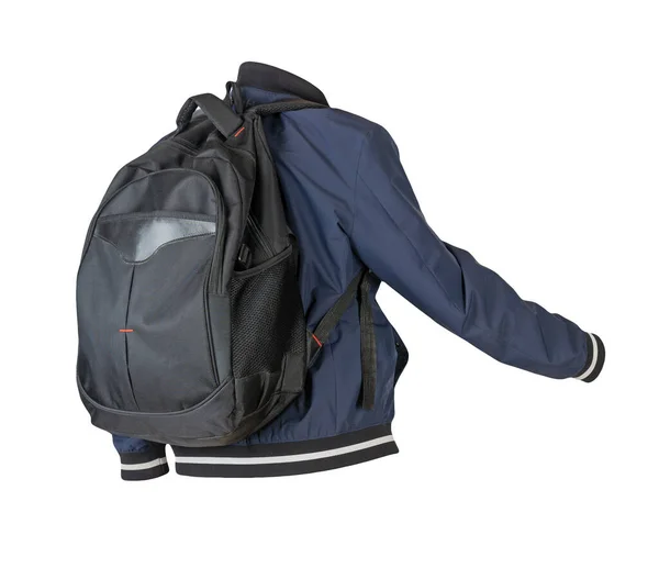 Black Backpack Dressed Dark Blue Bomber Jacket Isolated White Background — Stock Photo, Image