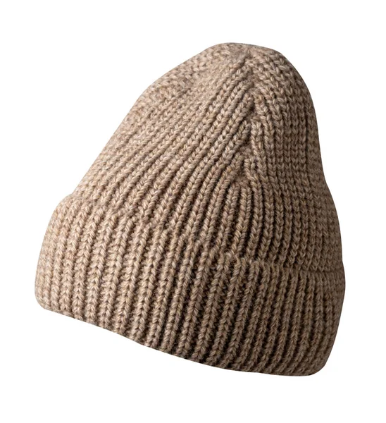 Kvinnors Beige Hatt Stickad Hatt Isolerad Vit Bakgrund — Stockfoto