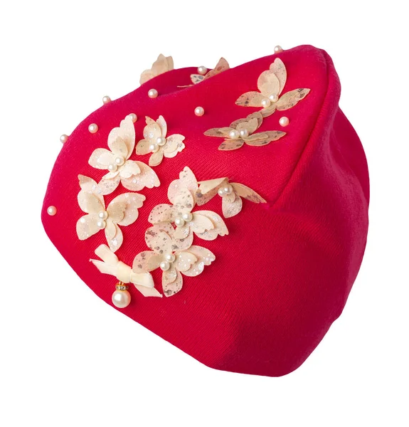 Γυναικείο Κόκκινο Καπέλο Πλεκτό Απομονωμένο Λευκό Φόντο Ζεστό Αξεσουάρ Χειμώνα — Φωτογραφία Αρχείου