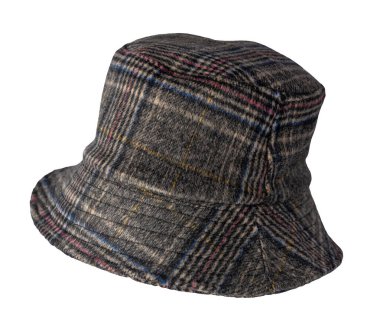 Beyaz zemin üzerinde izole edilmiş kahverengi kırmızı mavi yün şapka. Balıkçı şapkası, İrlanda kır şapkası, oturum şapkası, panama..