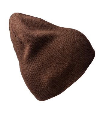 Örülmüş kahverengi şapka, beyaz bir arka planda izole edilmiş. Sıradan bir tarz için moda şapka aksesuarı.