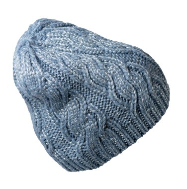 Kadınların mavi gri şapkası. Örgü şapka beyaz arkaplanda izole.