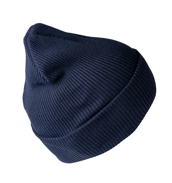 Chapeau Bleu Foncé Tricoté Isolé Sur Fond Blanc Accessoire Chapeau — Photo