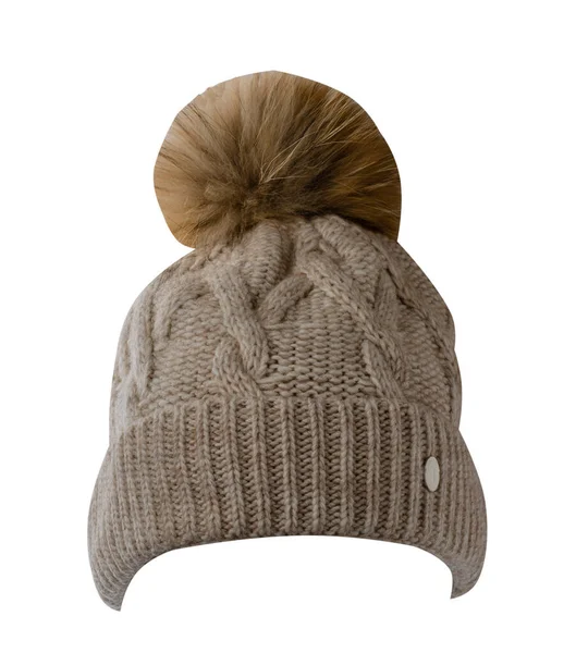 Cappello Marrone Beige Lavorato Maglia Isolato Sfondo Bianco Hat Con — Foto Stock